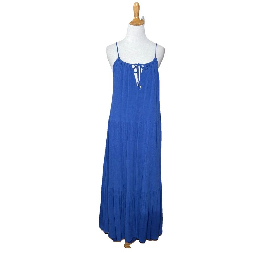 Tribe Blue Spaghetti Strap Sleeveless Tiered Maxi Ties at Neck Dress Size Medium